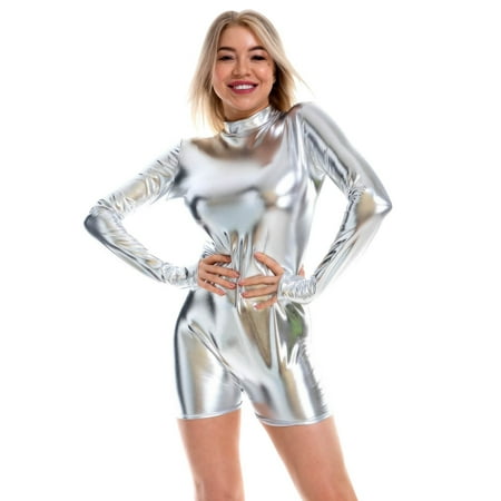 Bodysuit For Women Casual Long Sleeved Leather Small Round Neck Zipper Finger Sleeve Jumpsuits For Women Casual Summer Silver XL
