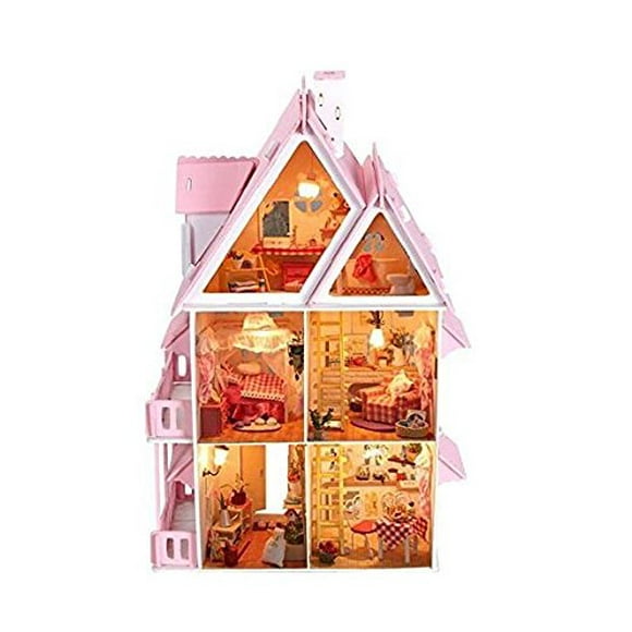 NWFashion Maison de Poupée Miniature en Bois pour Enfants 17 Pouces" 2 Étages avec Lumières et Meubles Kits DIY à Assembler (Sunshine Alice)