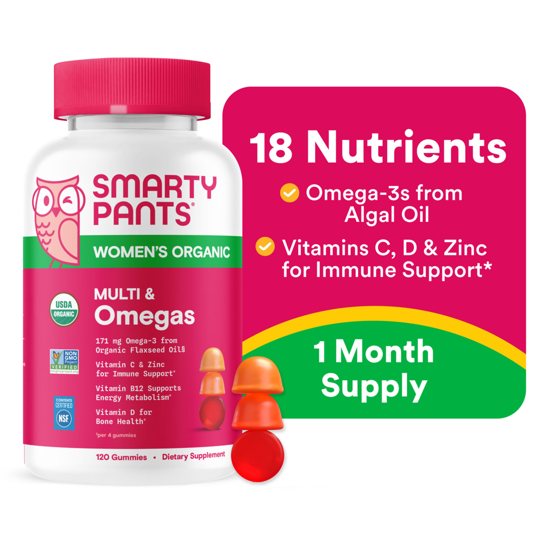 SmartyPants Women's Organic Multi & Vegetarian Omega 3 Gummy Vitamins with D3, C & B12 - 120ct