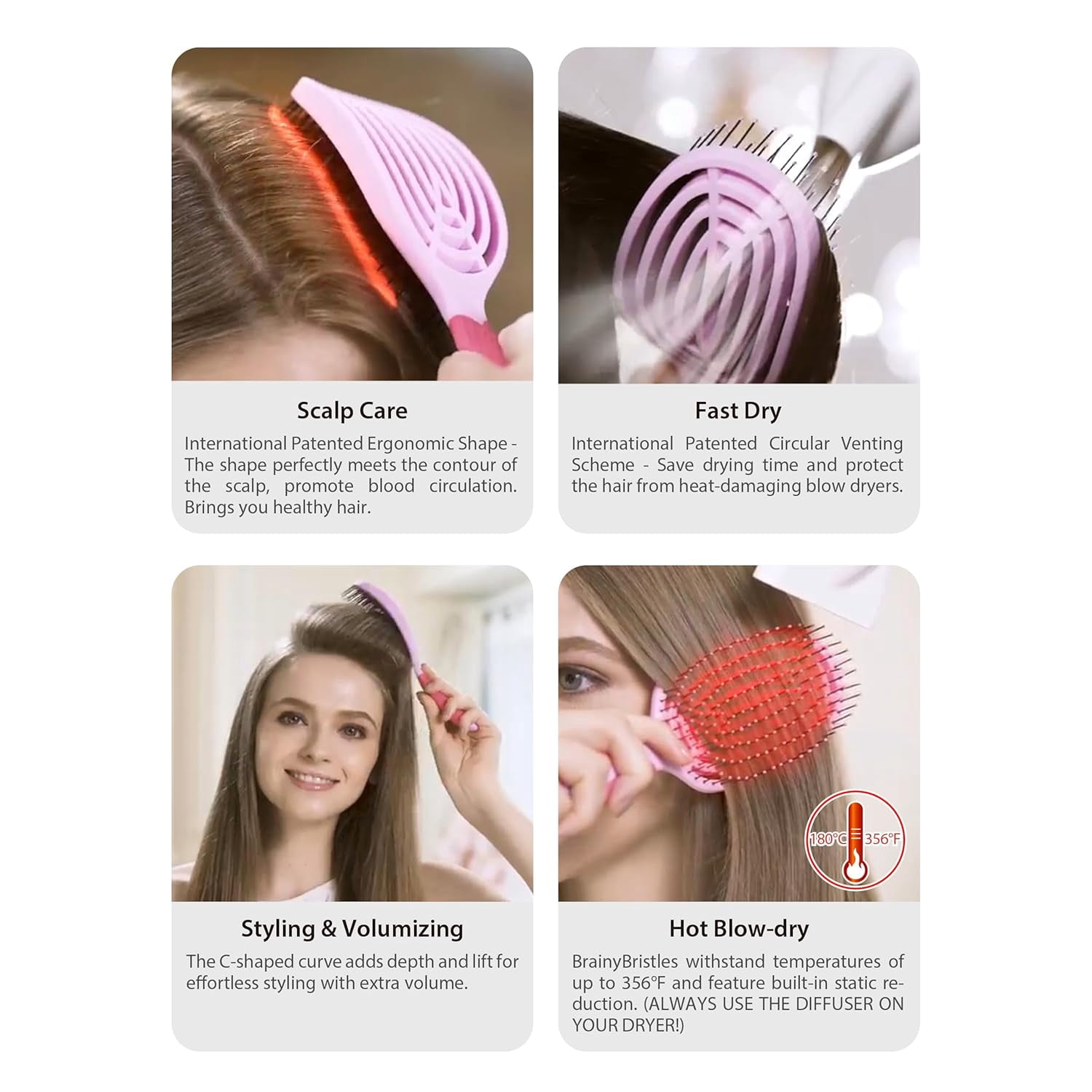 ANHXN professional curved brush provides a smooth and fluffy drying experience. Different colors to choose from