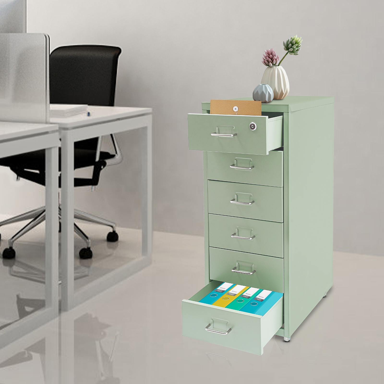 Green Drawer File Cabinet with Lock 6-Drawers Filing Chest Metal Vertical File Cabinet Organizers Movable Under Desk Storage Cabinets for Home Office-11*16*27in, Load 22lbs/ Each Tier, Rectangular
