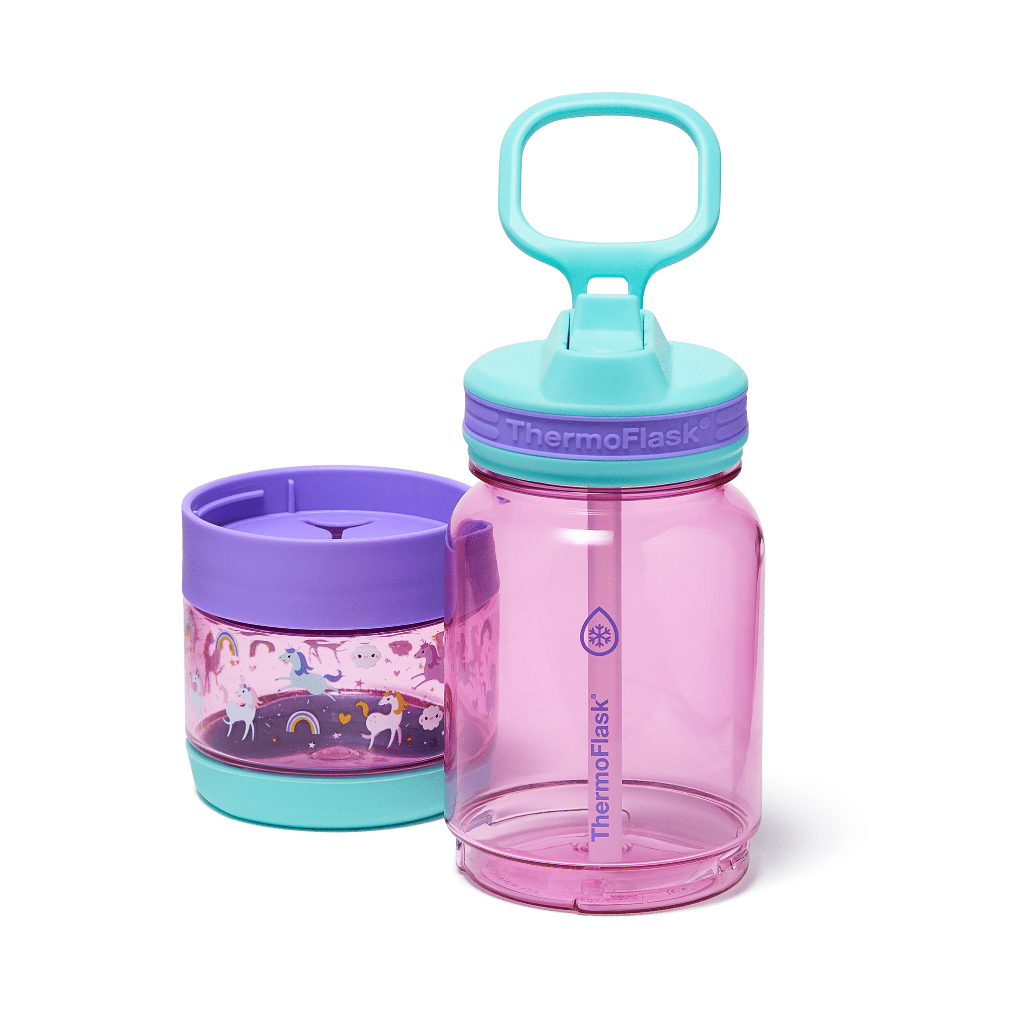ThermoFlask 14 oz 2-in-1 Snack and Sip Durable Tritan Bottle with Integrated Snack Cup Compartment - Leakproof Folding Straw Lid - Protective Bumper - Unicorns Design