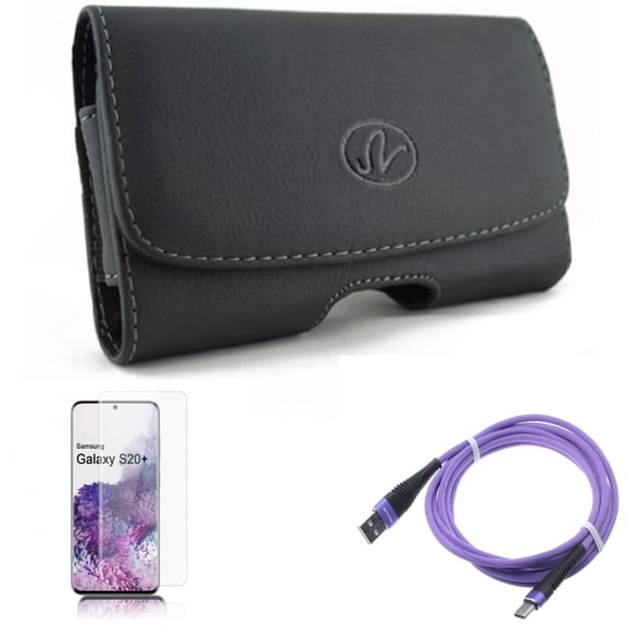 Screen Protector w Case Belt Clip w 10ft USB Cable for Samsung Galaxy S20 Plus - Tempered Glass [Fingerprint Unlock] 3D Curved Edge, Leather Swivel Holster, Purple Type-C Charger fits Galaxy S20 Plus