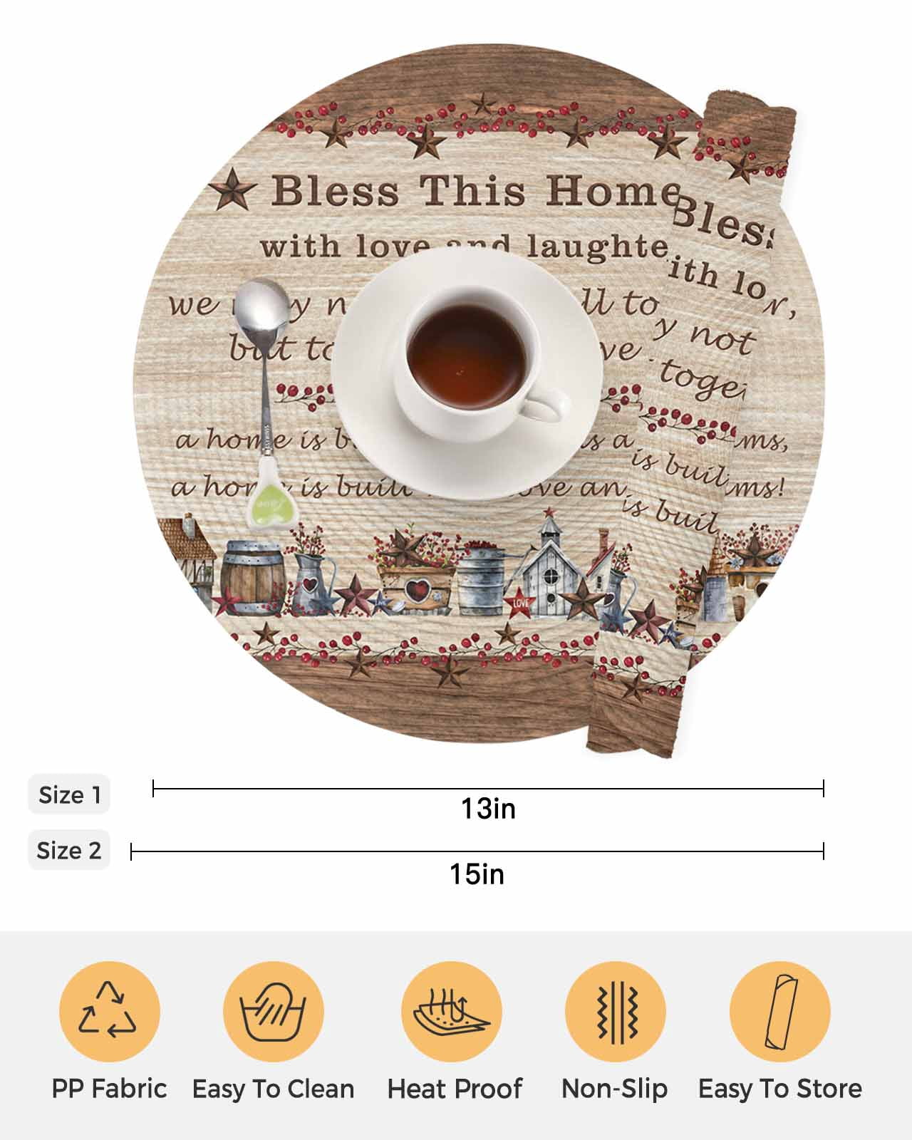 Farmhouse Round Placemats Set of 8 for Dinning Tables,Heat-proof Braided Table Mats 13 Inch,Brown Country Star Berry Vintage Wood Grain Washable Place Mat for Kitchen Restaurant Party Table Decor