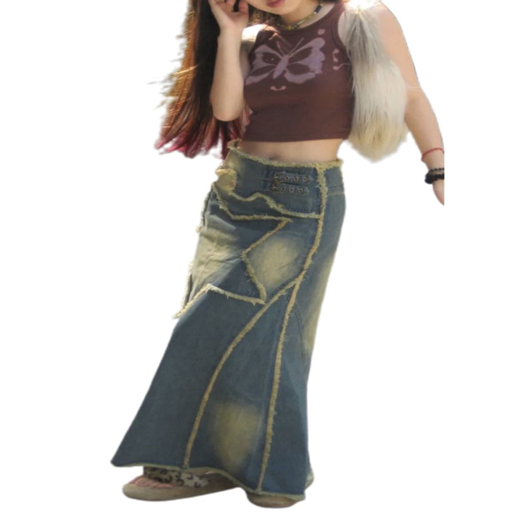 Women's Long Denim Skirt Vintage Pentagram A Line Maxi Jean Dress