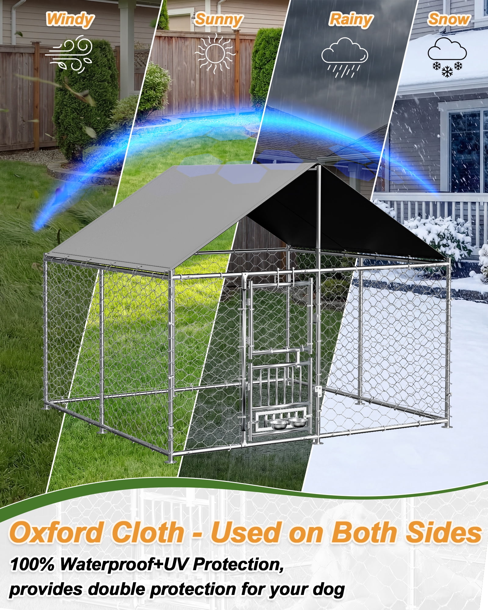 All-Weather 7.5'x7.5' Outdoor Dog Kennel, Heavy Duty Anti-Rust Metal Frame with Waterproof UV Cover, Secure Lock & Rotating Feeder, Durable Outside Dog Cage for Backyard Farm