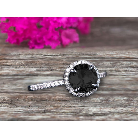 1.75 Carat Round Cut Black Diamond Moissanite Engagement Ring On 10k White Gold Art Deco Halo Designed