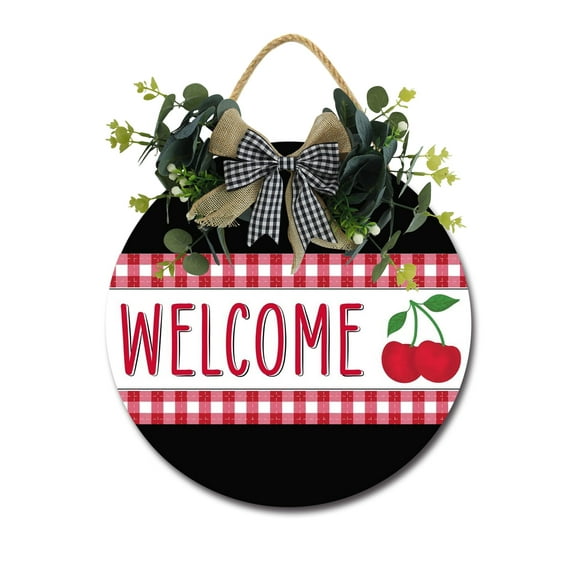 Welcome Cherry Front Door Sign Funny Wreaths Hanging Wooden Plaque Decoration Round Rustic Wood Farmhouse Porch Decor for Home Front Door Decor, 11 x 11 Inch