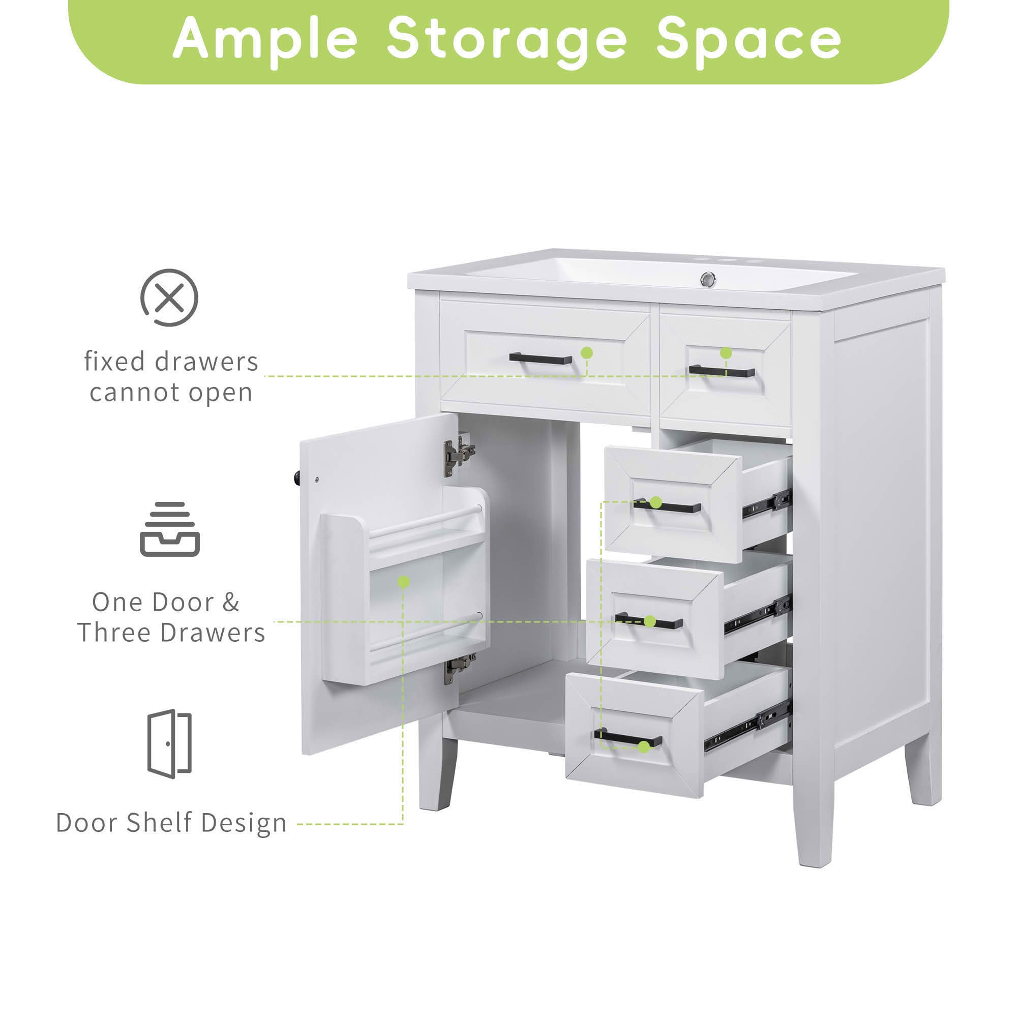 MAYEERTY 30" Bathroom Vanity without Sink Cabinet Base Solid Frame MDF Drawers White