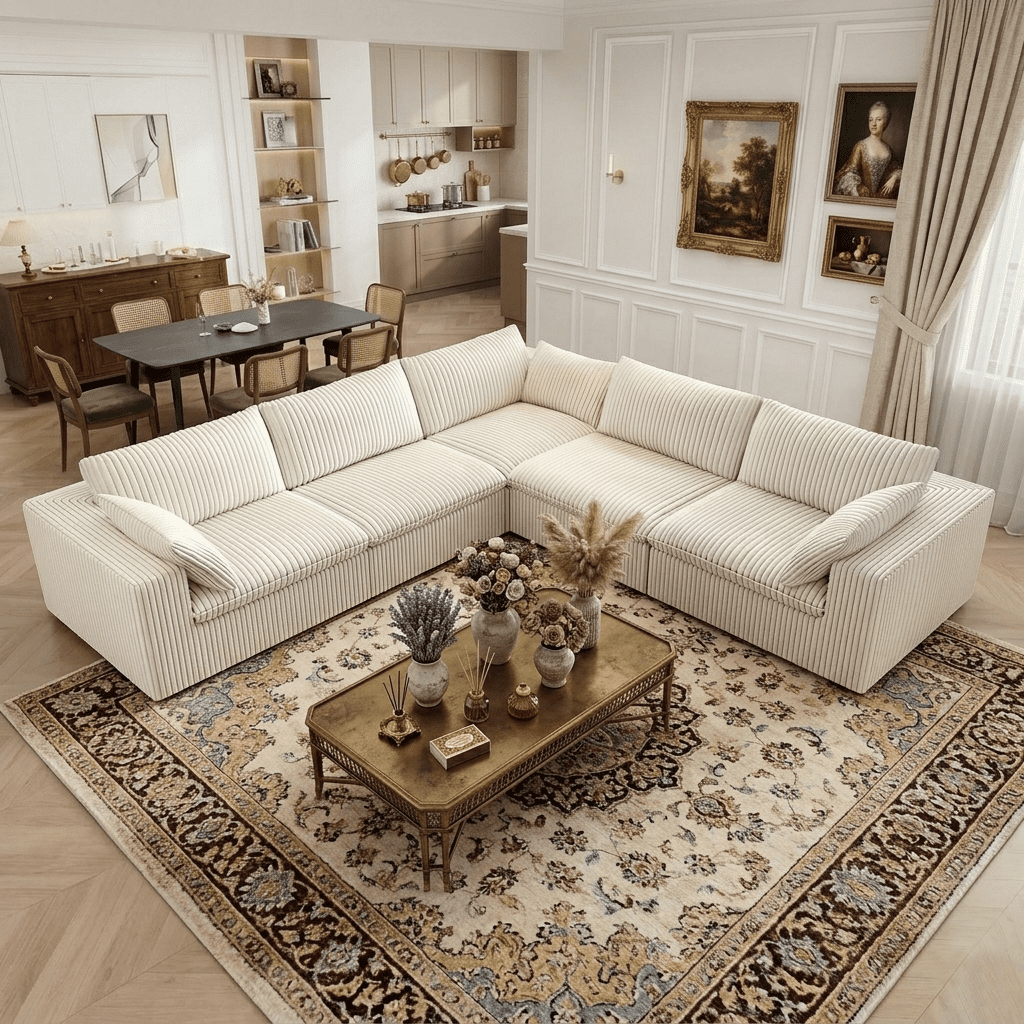 Eyisean 118.2" Corduroy Modern V Shaped Corner Sofa, Comfy Modular Sectional Cloud Couch with Pillows, Deep Seat Upholstered Sofa Set, Fluffy Boneless Couches for Living Room, No Assembly