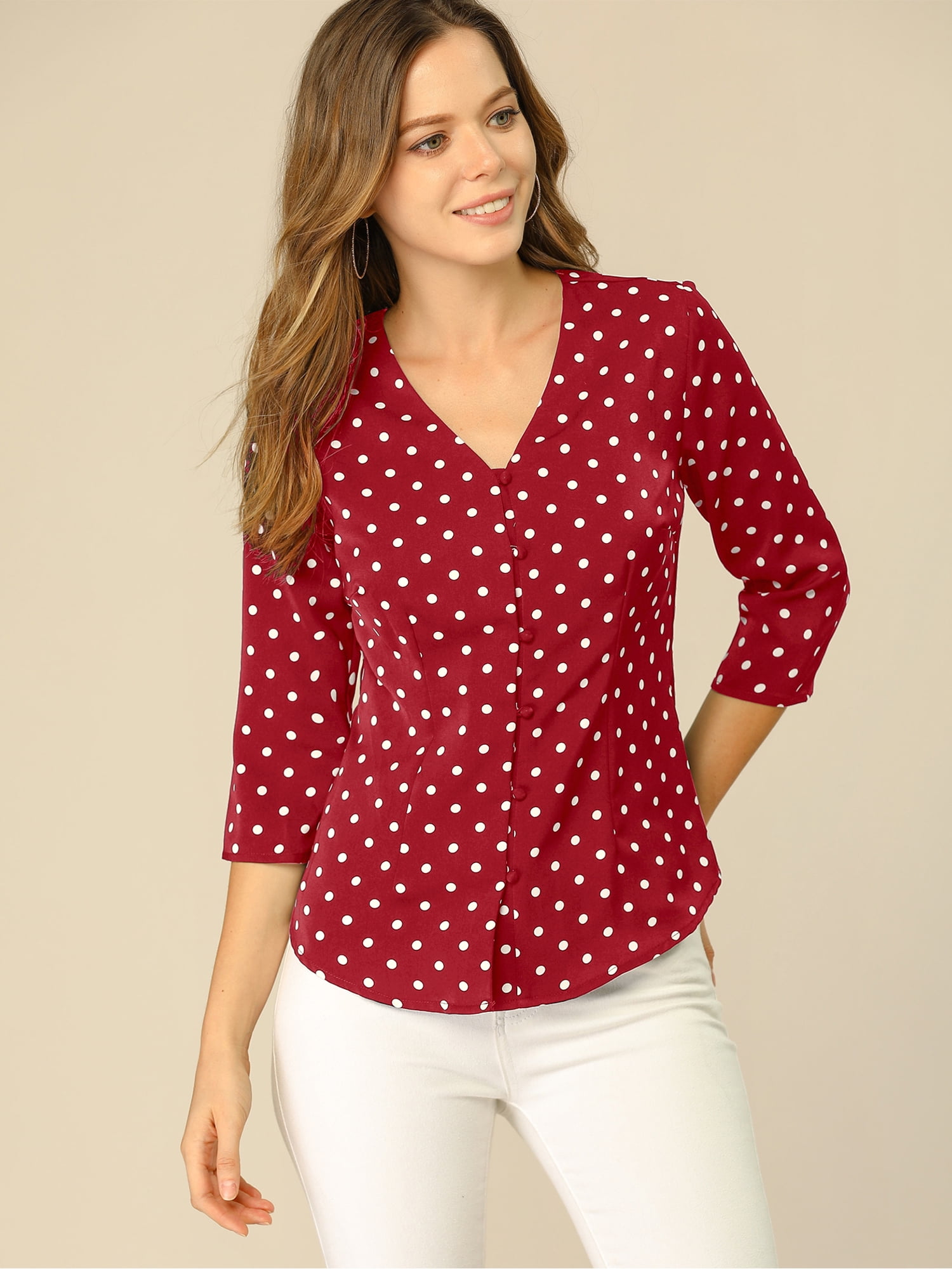 DARING DIVA Women's V Neck Polka Dots 3/4 Sleeve Casual Button Blouse XXL Red