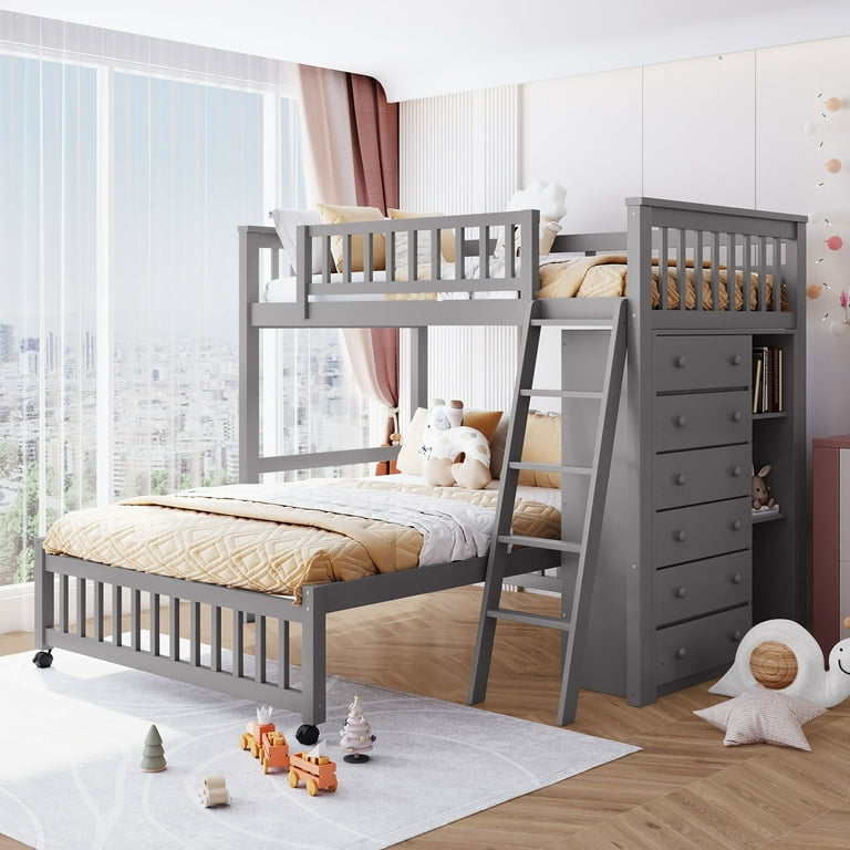 Bunk Bed with Storage for Kids Teens Bottom Bed with Wheels can Movable Twin Over Full Size Wooden L Shape Bunk Bed Frame with 6 Drawers and