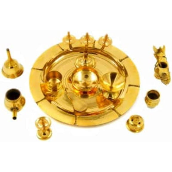 Brass Pooja Ashta Mangala Lamp Urli Set/Kerala Astamangalya Set (Approx. 8 Inch)