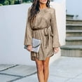 thumbnail image 5 of JURANMO Wedding Guest Dresses for Women Long Sleeves Sparkling Sequins Party Dress Ruched Flowy Tunic Mini Dress with Belt Gold L, 5 of 8