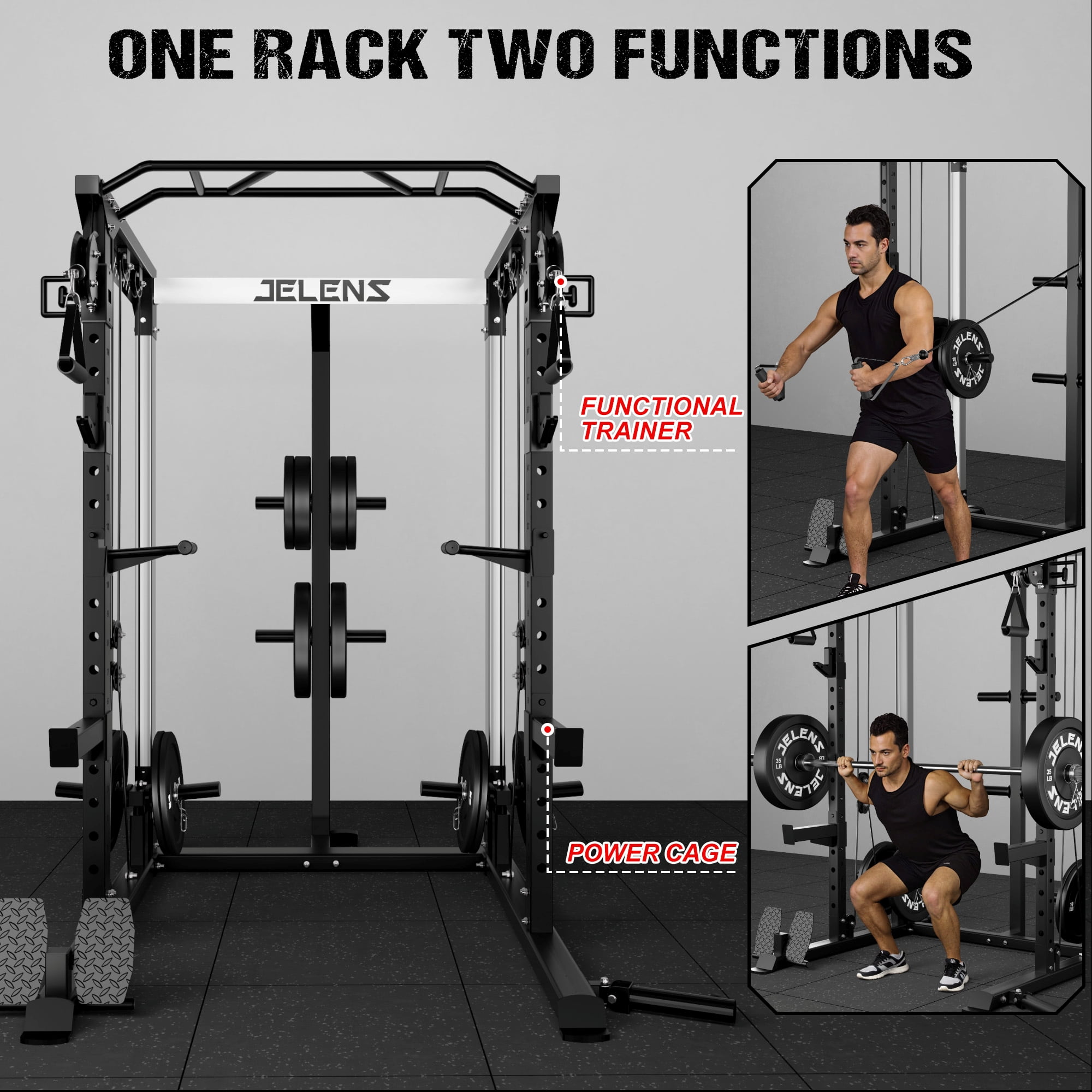 Multi-Function Power Rack Cage,2000lbs Dual Pulley Cable Crossover Machine with J Hooks, Dip Bars & Landmine for Home Gym