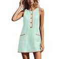 thumbnail image 2 of Wovilon Women's Round Neck Sleeveless A-Line Mini Dress, Button Front Contrast Trim Pocket Shift Top, Relaxed Lightweight Breathable Cotton Linen Blend Solid, 2 of 7