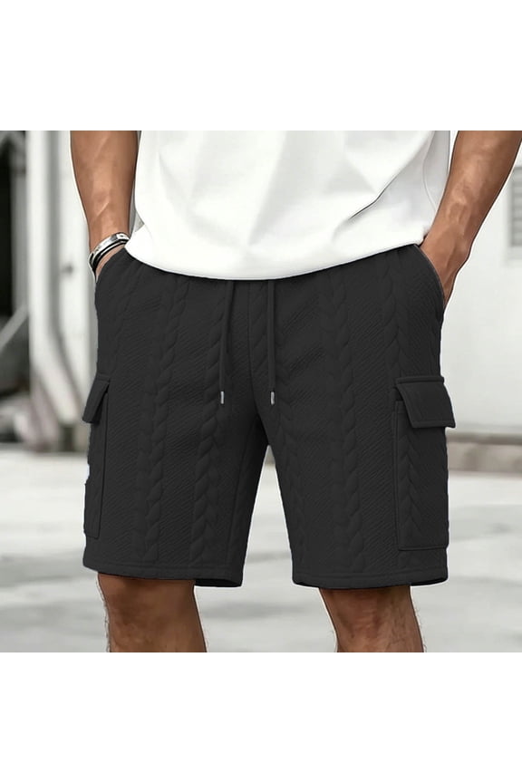 Mens Textured Quilted Cargo Shorts Elastic Waist Drawstring Casual Streetwear Summer Shorts with Multi Pockets Black,S