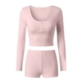 thumbnail image 4 of Arlun Summer Two Piece Yoga Sets for Women Button up Scoop Neck Long Sleeve Crop Tops and Stretch Tight Shorts 2026 Spring Summer Slim Solid Color Workout Casual Outfits Pink L, 4 of 4