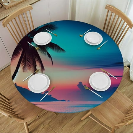 

Patifu palm tree silhouette tropical sunset sunrise sea view round table cover stain resistant washable indoor and outdoor tablecloth kitchen dining wedding party farmhouse 100% polyester