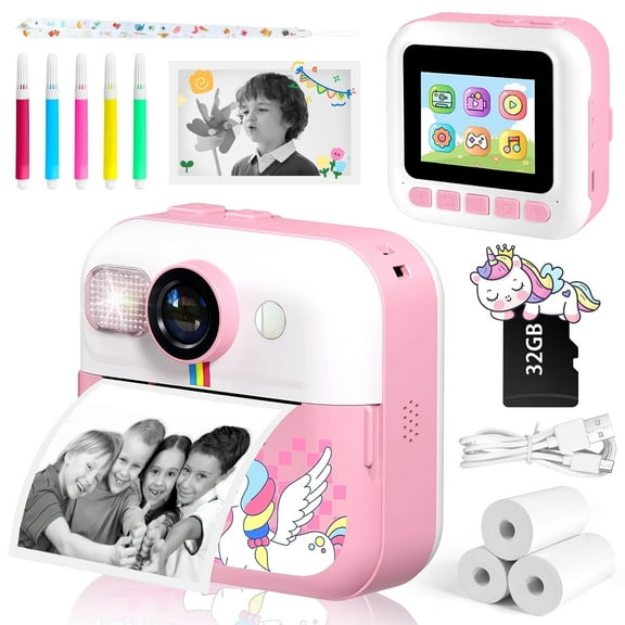 Freecat Kids Camera Instant Print, Unicorn Birthday Gifts for Girls Boys Age 3-12, 1080P HD Selfie Digital Camera with 32GB SD Card, Portable Camera Toy for 3 4 5 6 7 8 Year Old Kids.(Pink)