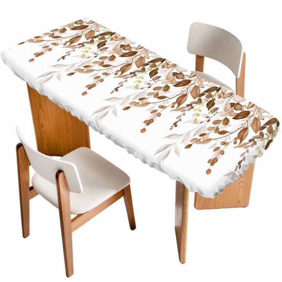 Orange Brown Eucalyptus Table Cloths for 8 Foot Rectangle Tables, Watercolor Spring Weeping Botanical Patio Waterproof Elastic Fitted Tablecloths, Washable Rectangular Table Cover for Camping