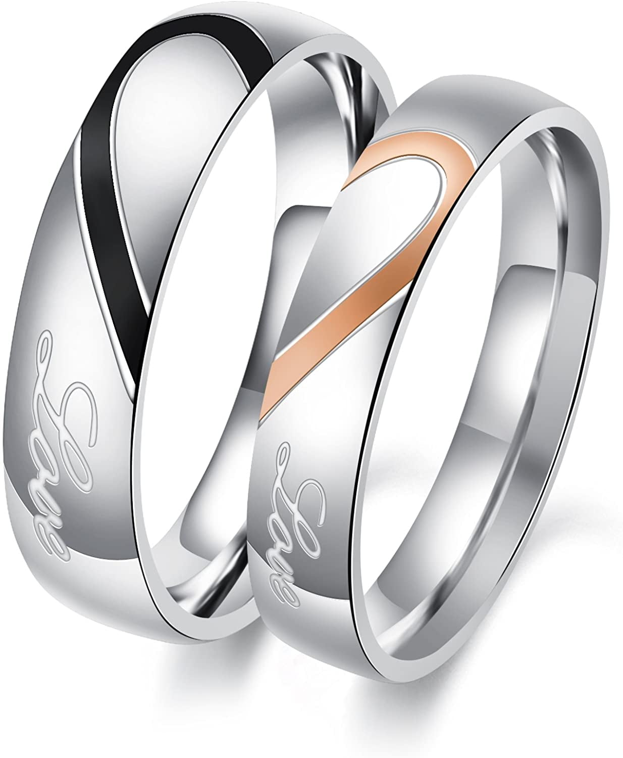 His or Hers Matching Set Simple Love Titanium Stainless Steel Couple Wedding Band Set in a Gift Box