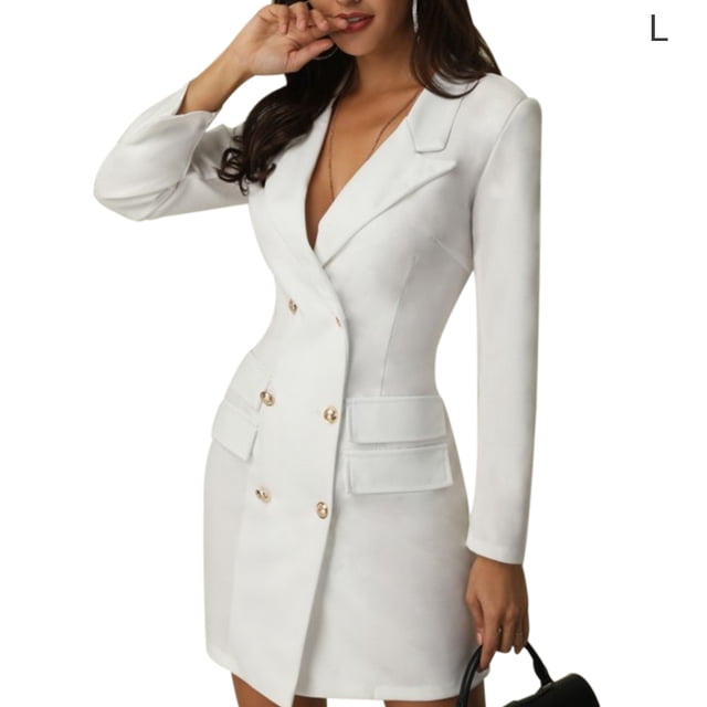 Traje De Mujer Vestido De Color Sólido Con Cuello En V Abrigo Con Botón Bolsillo Delgado Top Delgado, Blanco, L Kearding AP002332-29