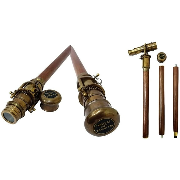 Nautical Walking Cane Brass Antique Walking Stick 3 Folding Brown Wooden Telescope