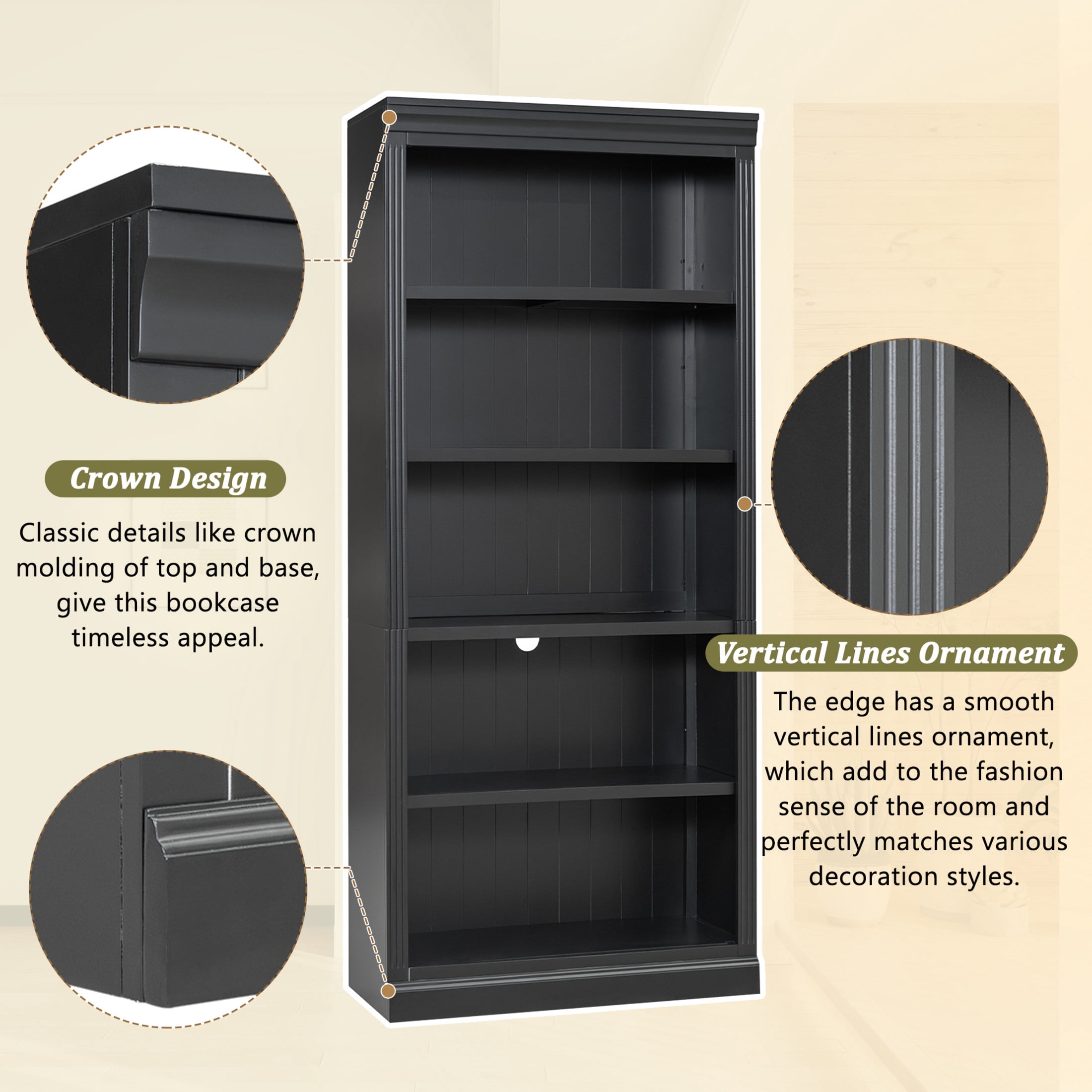 GDF Studio Halden 83.4" 5-Tier Bookcase with LED Light, Adjustable Shelves & Cable Hole, Storage Bookshelf, Black, Set of 2