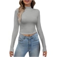 thumbnail image 2 of Elainilye Fashion Women's Undershirt Fall Stretch Slim Fitted Undershirt Long Sleeve Ribbed Shirt Solid Bottoming Shirt Blouse Tops,Gray, 2 of 8