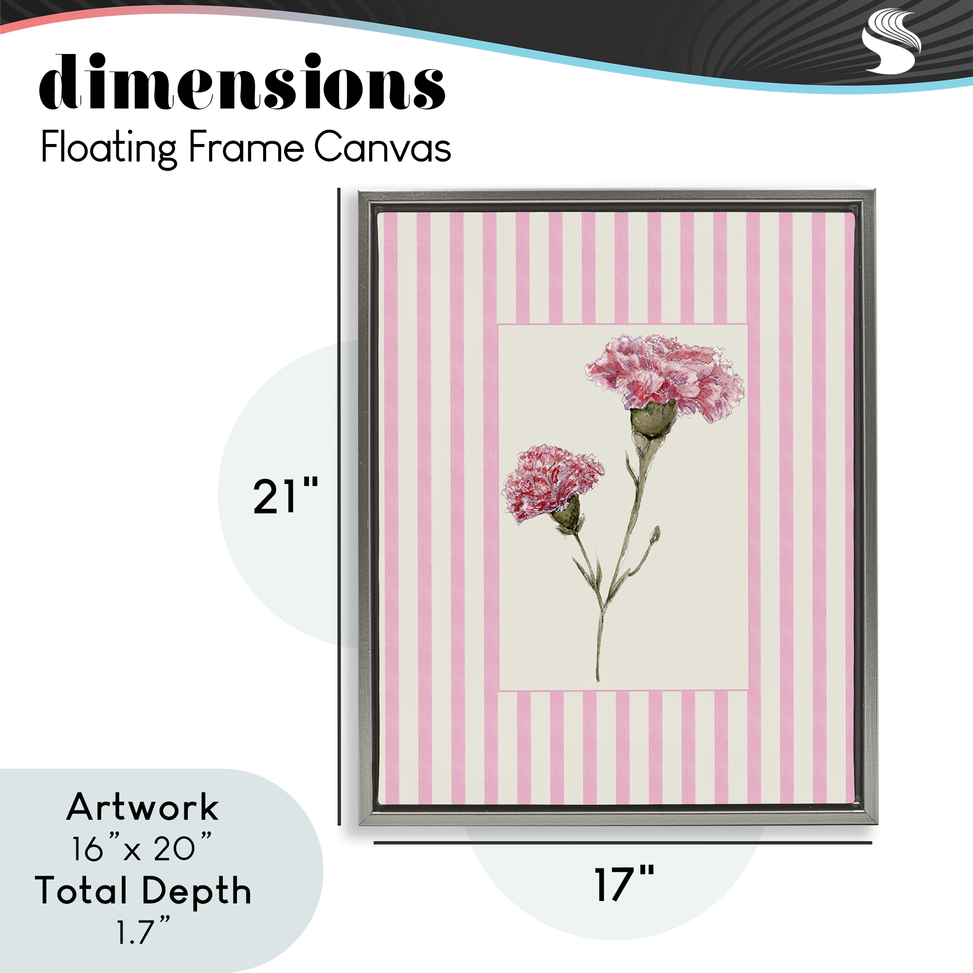 Pink Stripe Carnation Gray Framed Floater Canvas Wall Art, design by Lisa Wehmeyer