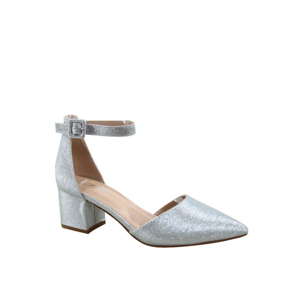 Nataly-01 Women's Pointed Toe Ankle Strap Buckle Chunky Low Heels Sandals Shoes ( Silver, 8 )