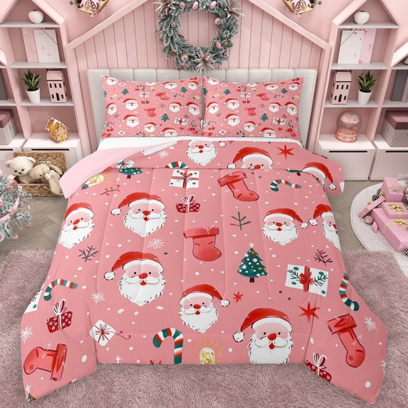 Manfei Cartoon Santa Claus Bedding Comforter Set,Red Xmas Stocking Twin Comforter Sets,Happy Christmas Bedding Set For Teens,Super Cozy Room Decor Reversible,2-Piece