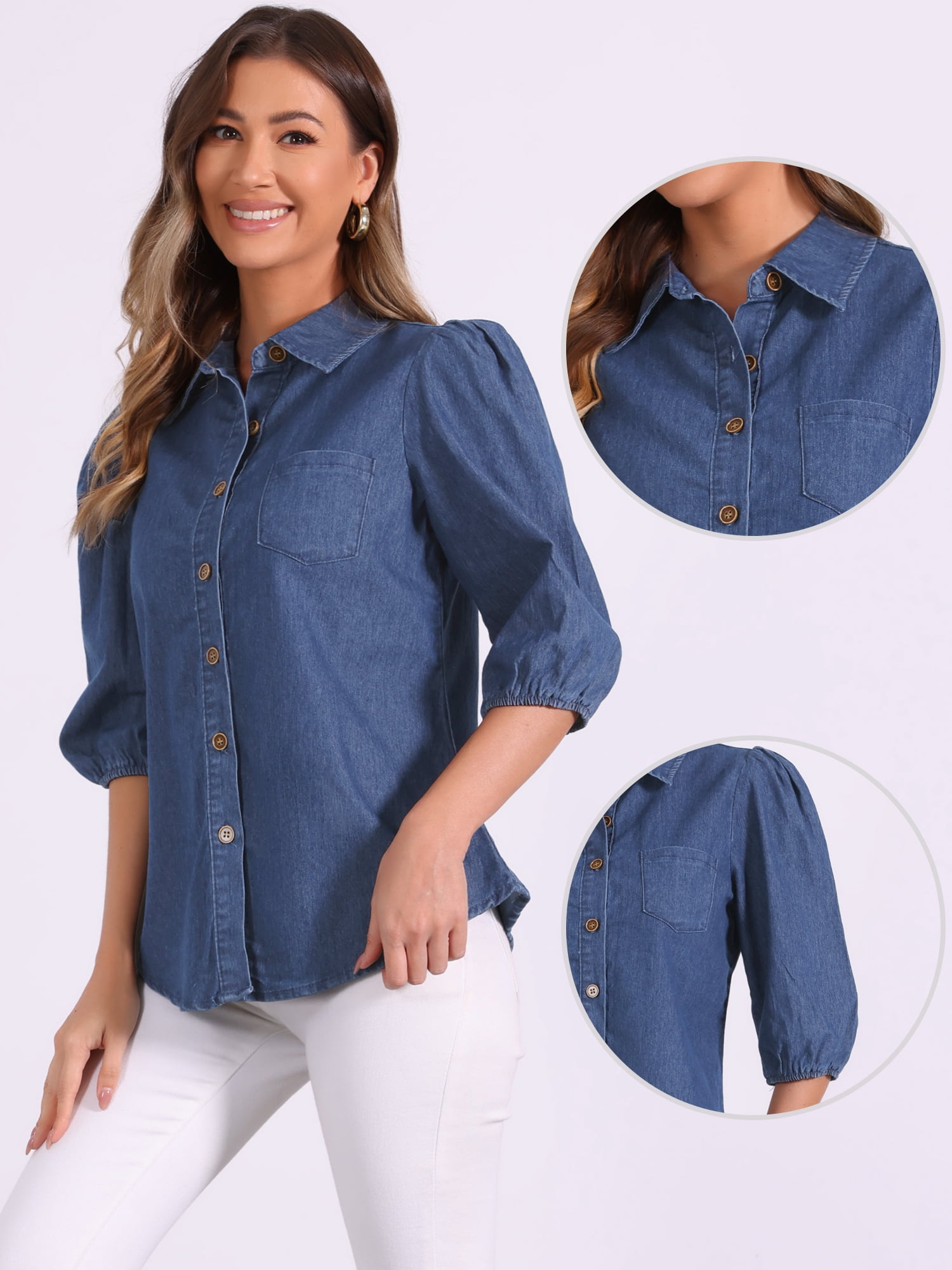 DARING DIVA Women's 3/4 Puff Sleeve Collar Button Down Jean Shirts S Dark Blue