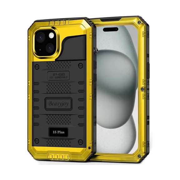 for iPhone 15 Plus Case Waterproof, Metal Heavy Duty Full Body Protective Case with Built in Screen Protector, Military Grade Shockproof Defender Case for iPhone 15 Plus 6.7", Yellow