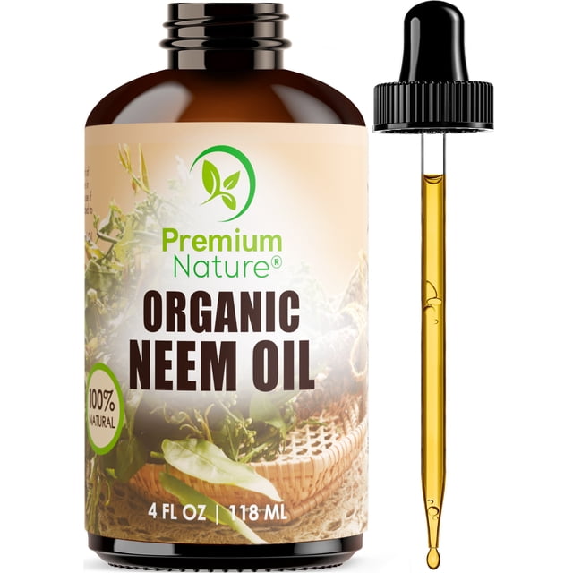 Neem Oil Cold Pressed for Essential Oil Mixing and Massage - 4 oz from Premium Nature. A brown glass bottle with a dropper, labeled as organic neem oil, 100% natural, and made in the USA. Ideal as a body oil, carrier oil, and for skin care, nail care, hair care, and aromatherapy.
