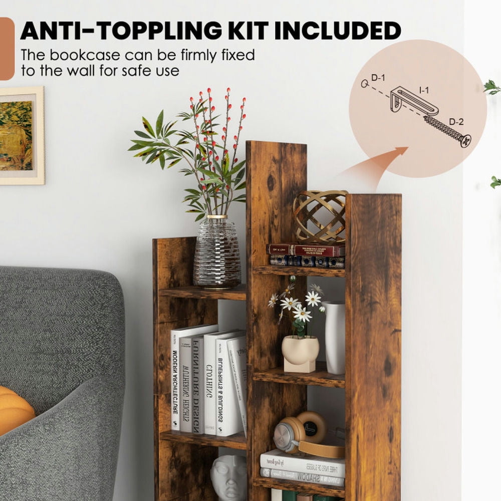 Demi Bonn 7-Tier Open-Back Bookshelf with Drawer, Space-Saving Storage Rack Bookcase, Brown