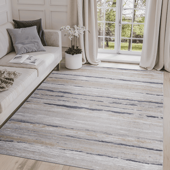 Naar Payas 5X7 Area Rug, Ivory/Blue Striped Power Loom Crafted Area Rugs for Indoor Living Room, Bedroom, and Dining Room