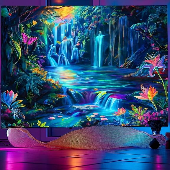 Blacklight Fantasy Forest Tapestry Aesthetic Flower Butterfly UV Reactive Tapestry Wall Hanging for Bedroom Living Room, 60X40IN