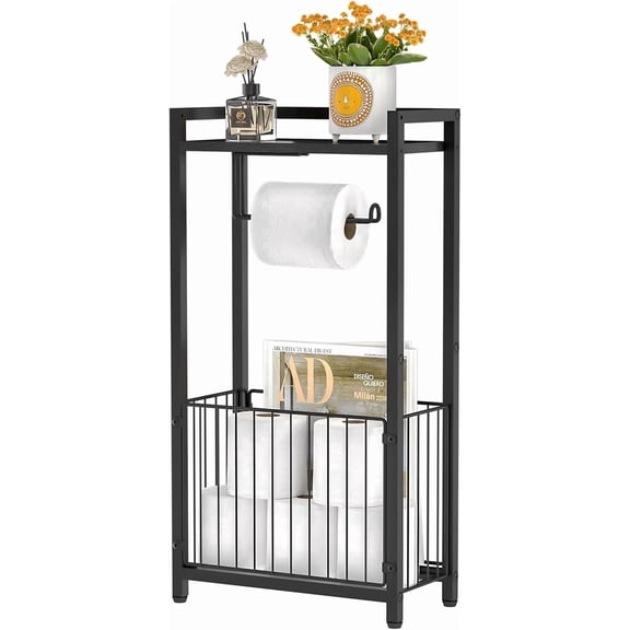 Toilet Paper Holder with Storage – Bathroom Tissue Holder with Space for Phone, Tablet, and Magazines, Freestanding Toilet Paper Holder