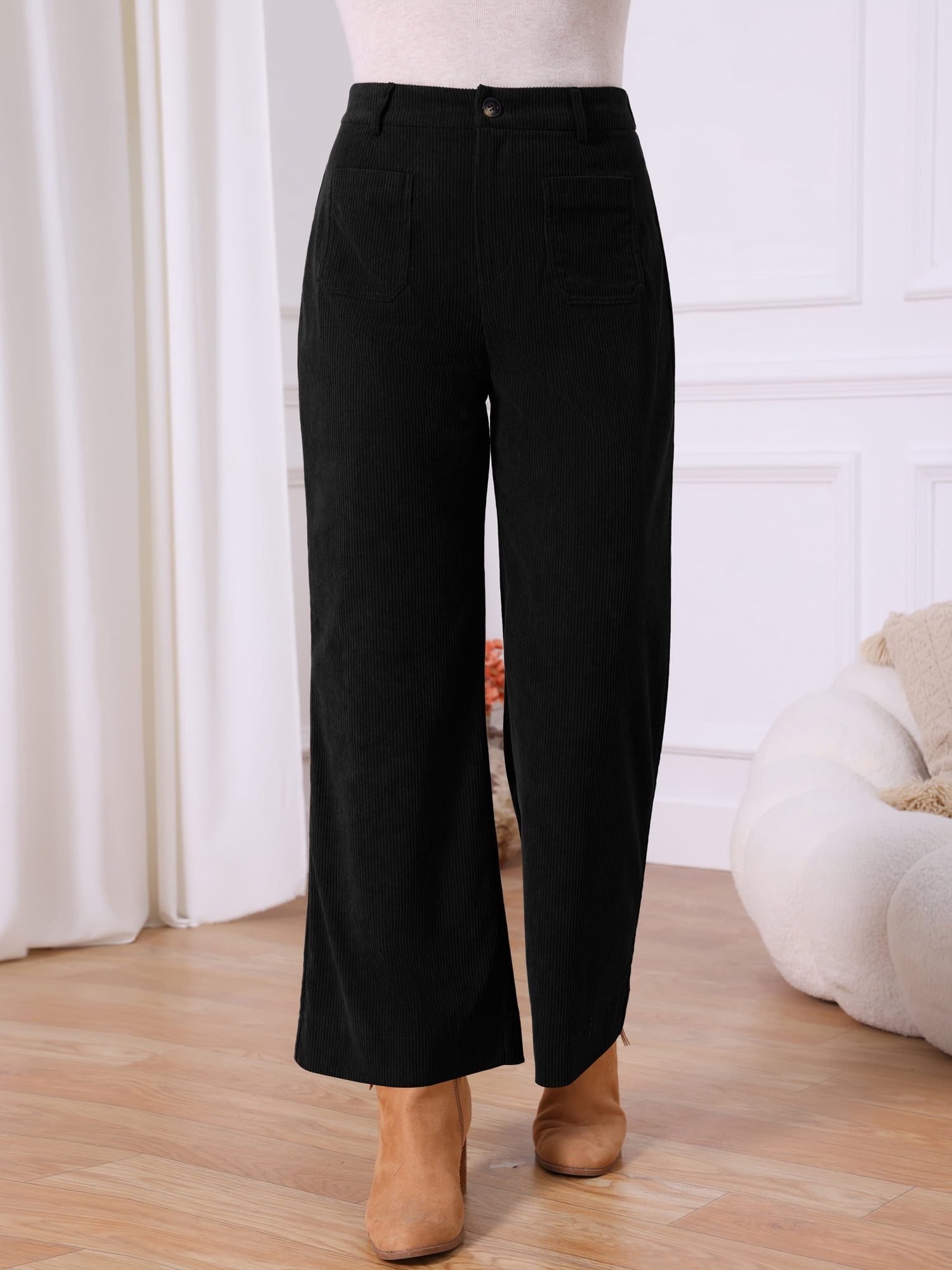 DARING DIVA Women's High Waisted Corduroy Wide Leg Pants with Pockets L Black