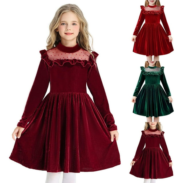MKOSPLRT Robe en Velours à Manches Longues pour Filles, Col Ras du Cou, Coupe Évasée, Robe Ligne A, Pois, Maille Extensible, Robe Décontractée de Fête, Robe Midi Unie, 5-12 Ans