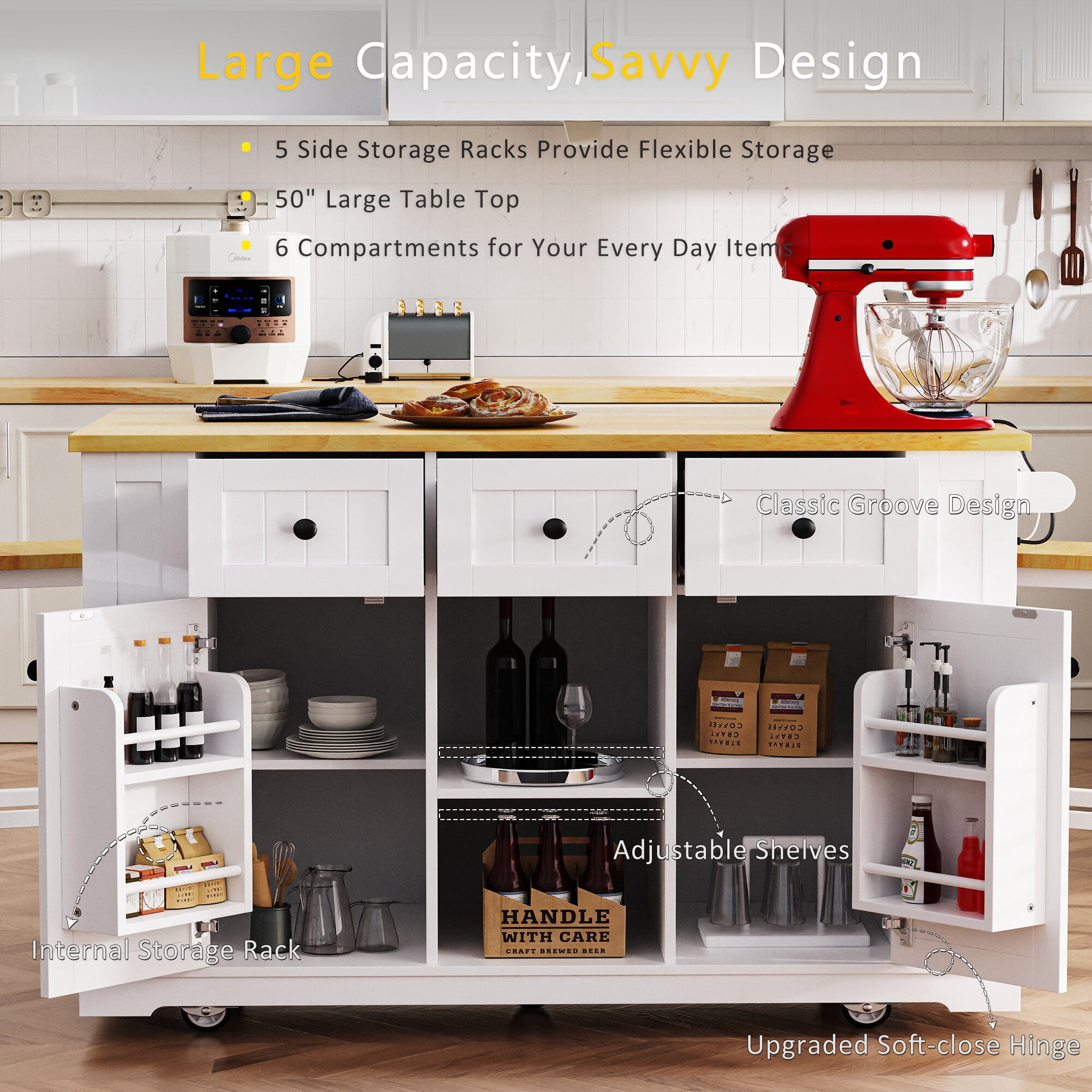 Yoneston 53" Rolling Kitchen Island with 2 Bar Stools, Kitchen Storage Cart with Power Outlet, Internal Storage Rack, Drop Leaf, 5 Open Side Racks, 3 Drawers 2 Doors for Kitchen Dining Room, White