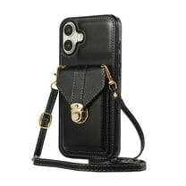 ELEHOLD Crossbody Wallet Case for iPhone 16 Plus,Back Credit Card Holder Metal Snap Luxury Purse Case with Shoulder Strap for Women Girls for iPhone 16 Plus ,Black