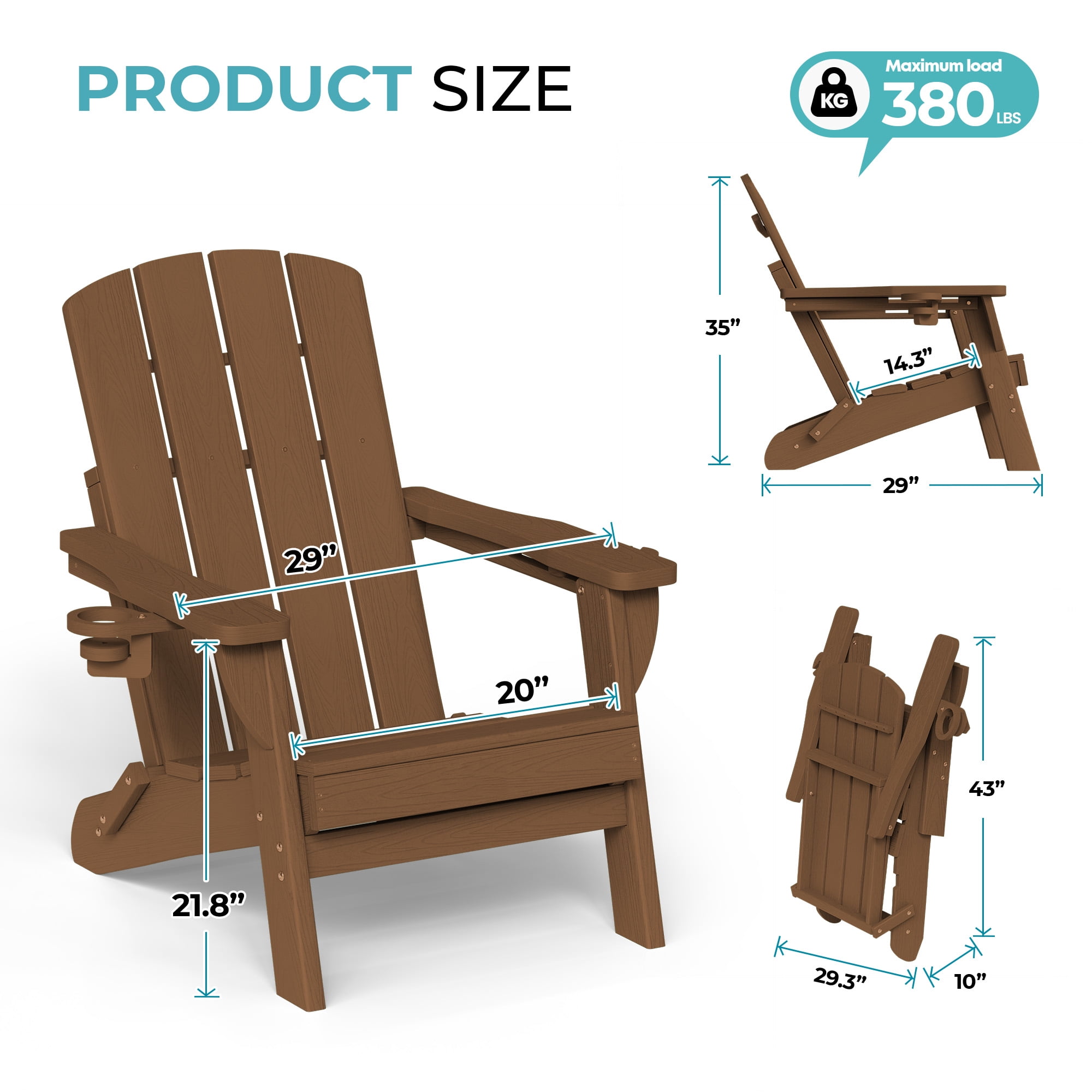 Adirondack Chair Set of 2, Outdoor Folding All-Weather HDPE Adirondack Chairs with 2 Cup Holders for Patio, Brown