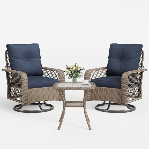 POTEBAN 3 Pieces Patio Furniture Set, Outdoor Swivel Gliders Rocker, Glass Top Side Table (Blue)