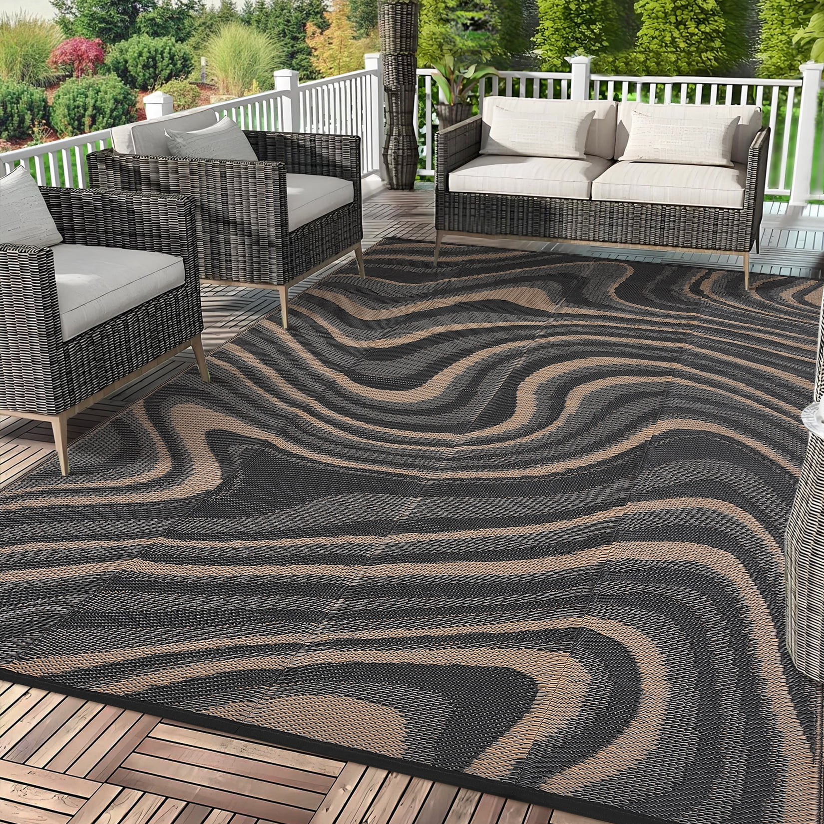 Garvee Outdoor Rug 10'x14' Abstract Plastic Area Rug Waterproof Reversible Outdoor Carpet, Plastic Straw Rug for Patio RV Camping Balcony Deck Backyard, Black