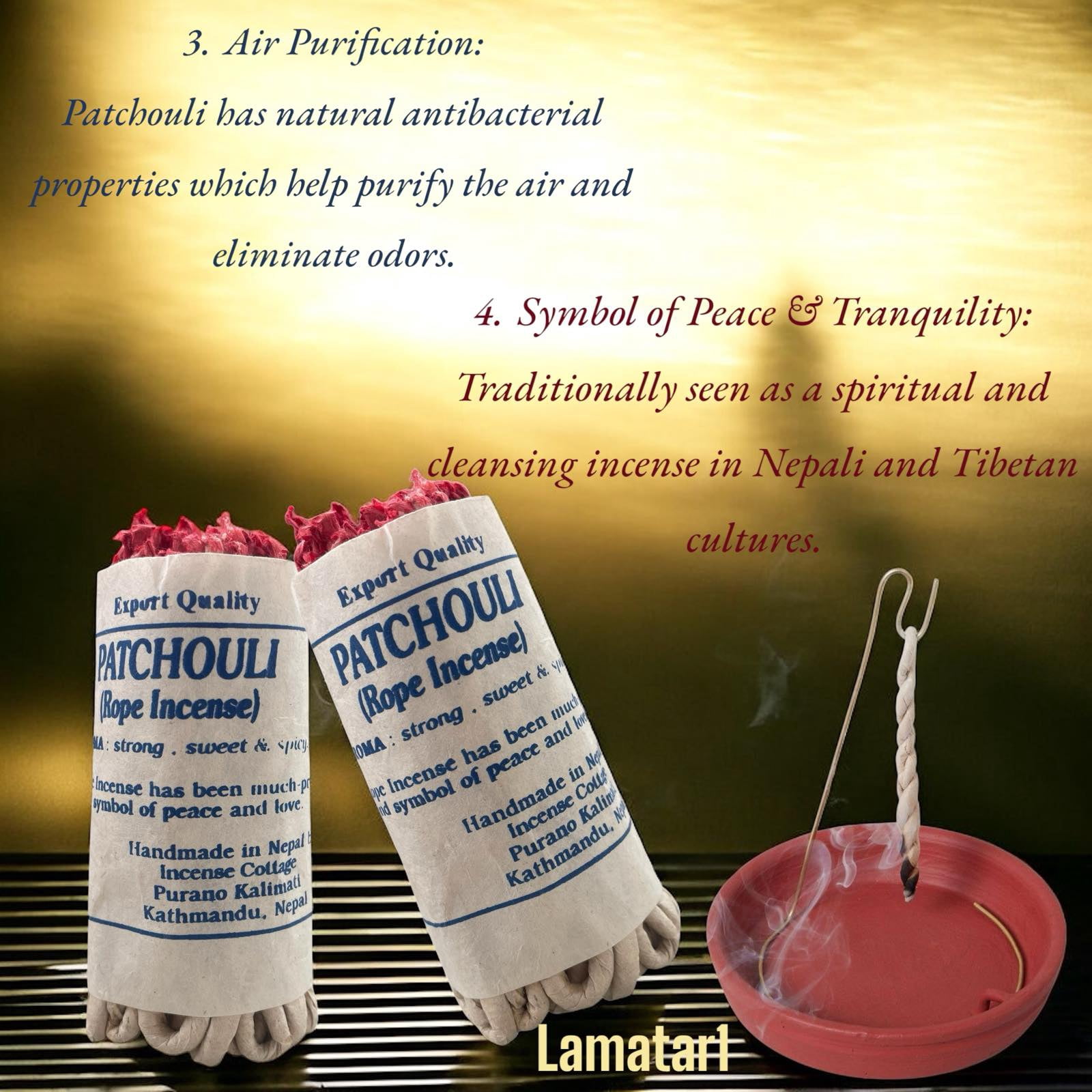 Lamatar1 Collection Tibetan Patchouli  Rope Incense Set Of 6, Burning Gently With A Natural Wick It Weaves Warmth Into The Air A Fragrance That Touches The Soul