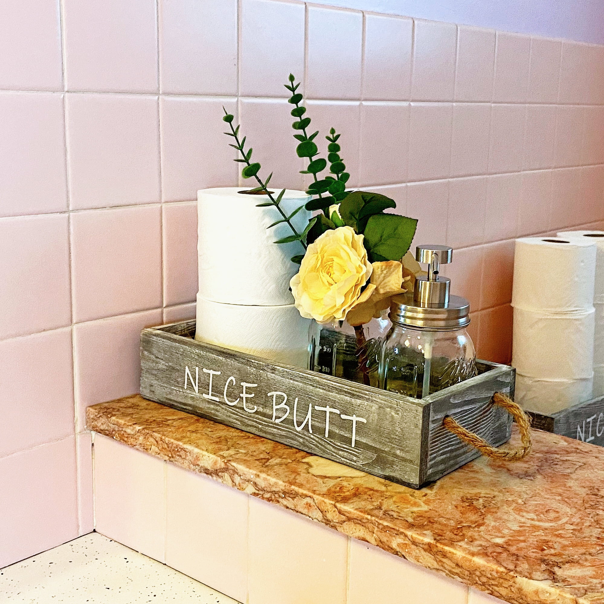 Farmhouse Wood Bathroom Tray Toilet Paper Holder with Mason Jar Soap Dispenser & Flowers, Medium Rustic Gray Over Toilet Decor