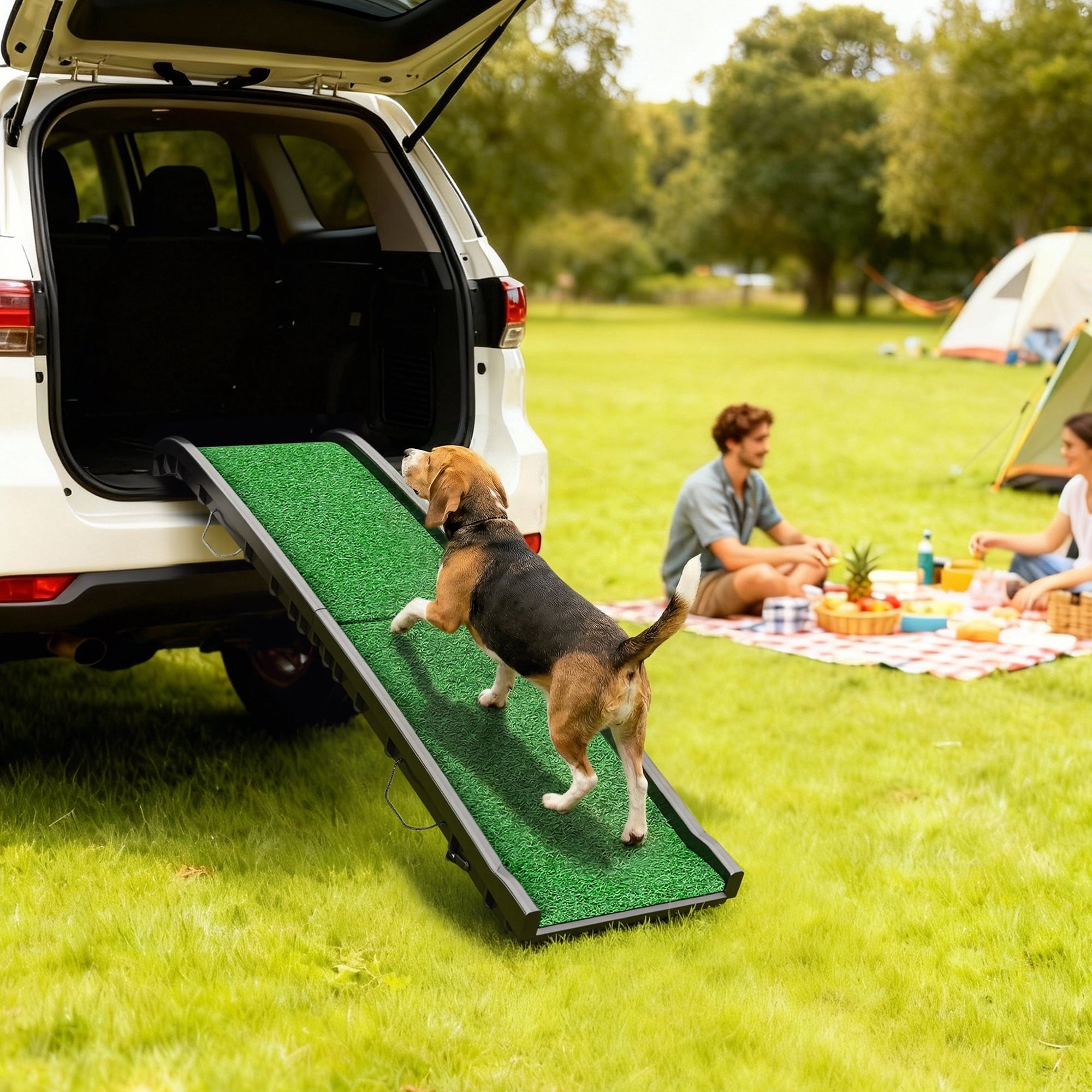 PawHut 61 Inches Folding Dog Ramp for Car, Truck, SUV, Portable Pet Ramp with Non Slip Grass Surface, Raised Side Rails